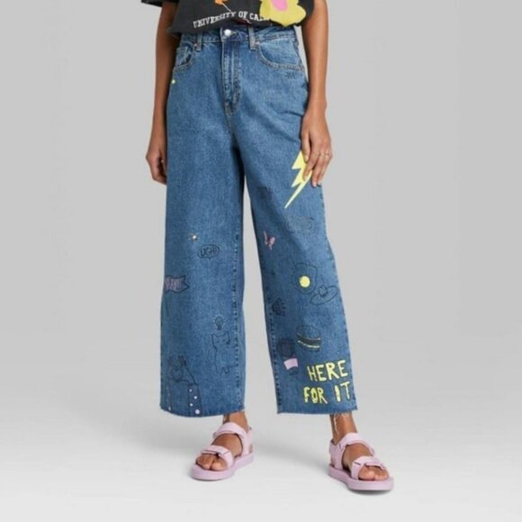 wild fable Denim - Wild Fable Wide Leg Jeans Size 27 Medium Wash Graffiti Doodles Women's